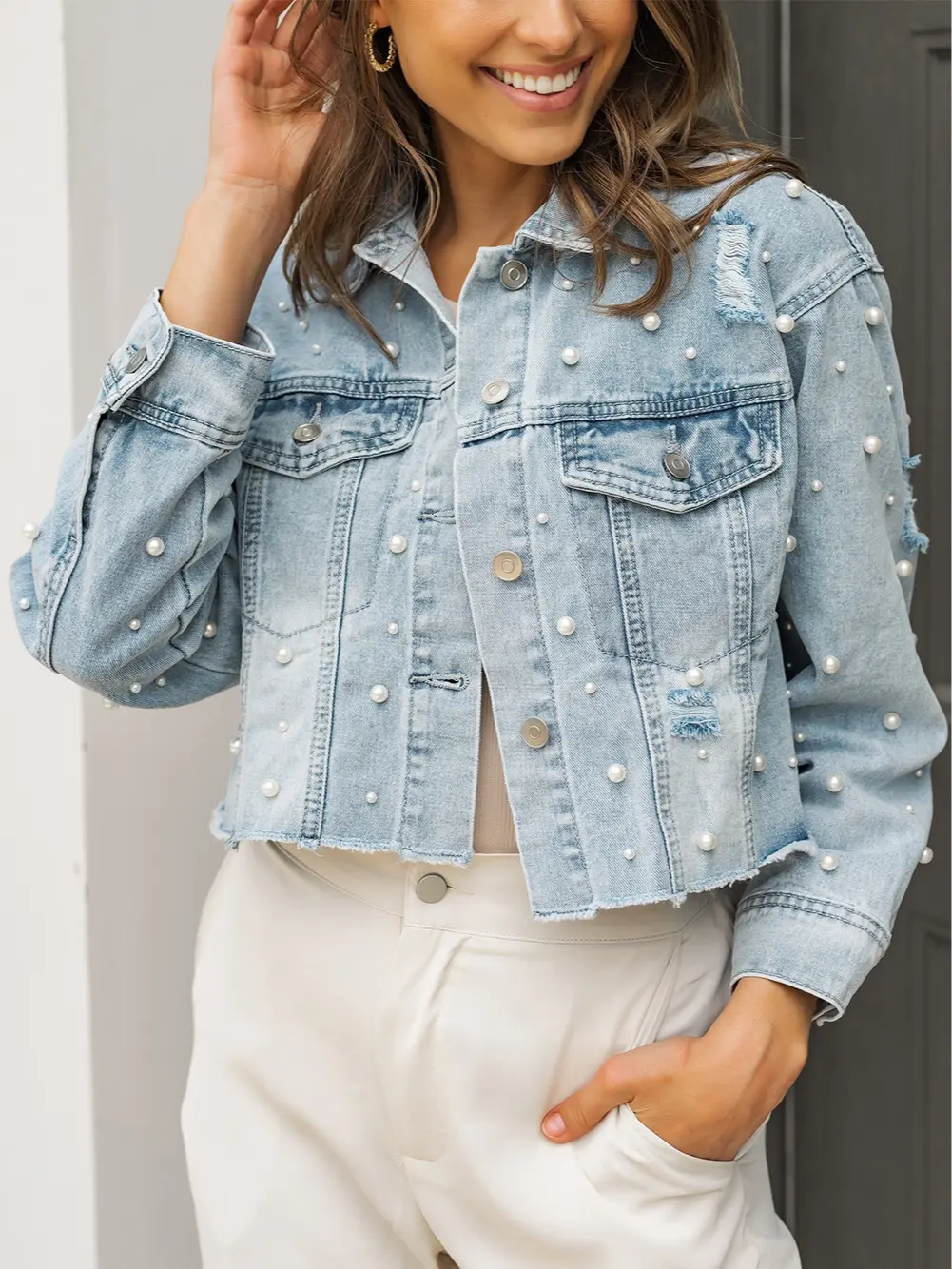 Sky Blue Pearls Beading Cropped Denim Jacket