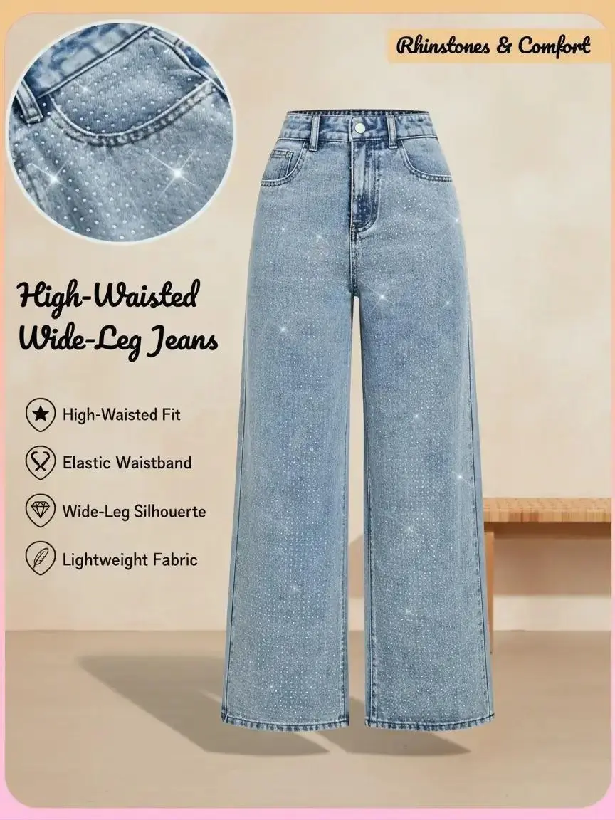 Women's High-Waisted Wide Leg Jeans in Light Wash, Rhinestone Embellished Stretch Denim with a Casual Baggy Fit, Fabric