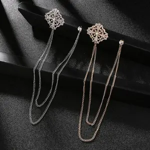 High-end Long Chain Tassel Cross Brooch Alloy Rhinestone Crystal Lapel Pins Corsage Men Collar Pin Fashion Jewelry Gifts