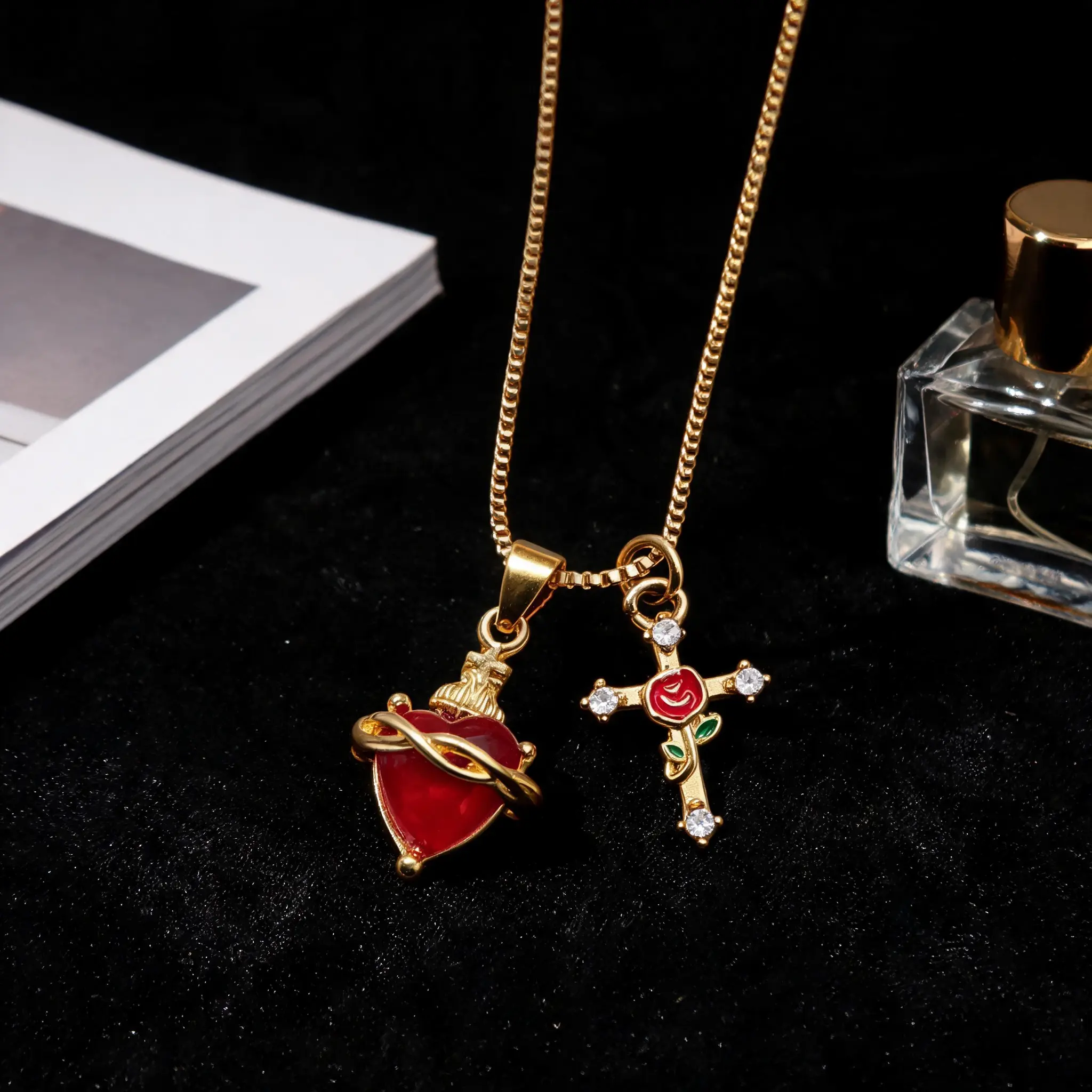18K Gold Plated Necklace for Women, Red Zircon Heart & Flower Cross Pendant, Dainty Jewelry for Daily Party Church Wear, Gift for Her Christmas Birthday Valentine's Day
