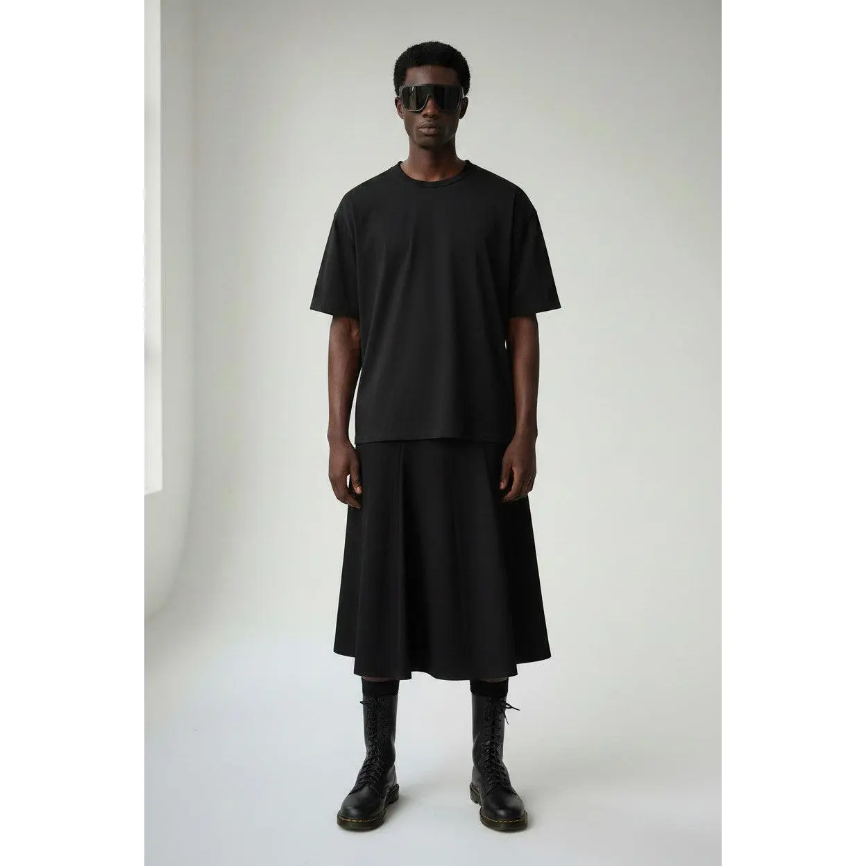 Linen Kilt: Men's Black Flared Pleated Skirt
