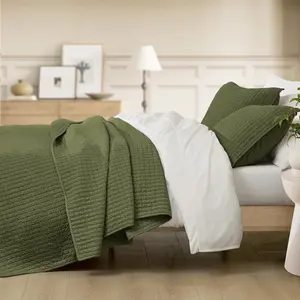 Blended Jersey Knit  Quilt, Stitch Bedding Heather Dark Green Quilt with 2 Pillow Shams, Cloud Bedpsread, -Season Coverlet, 94"x94"
