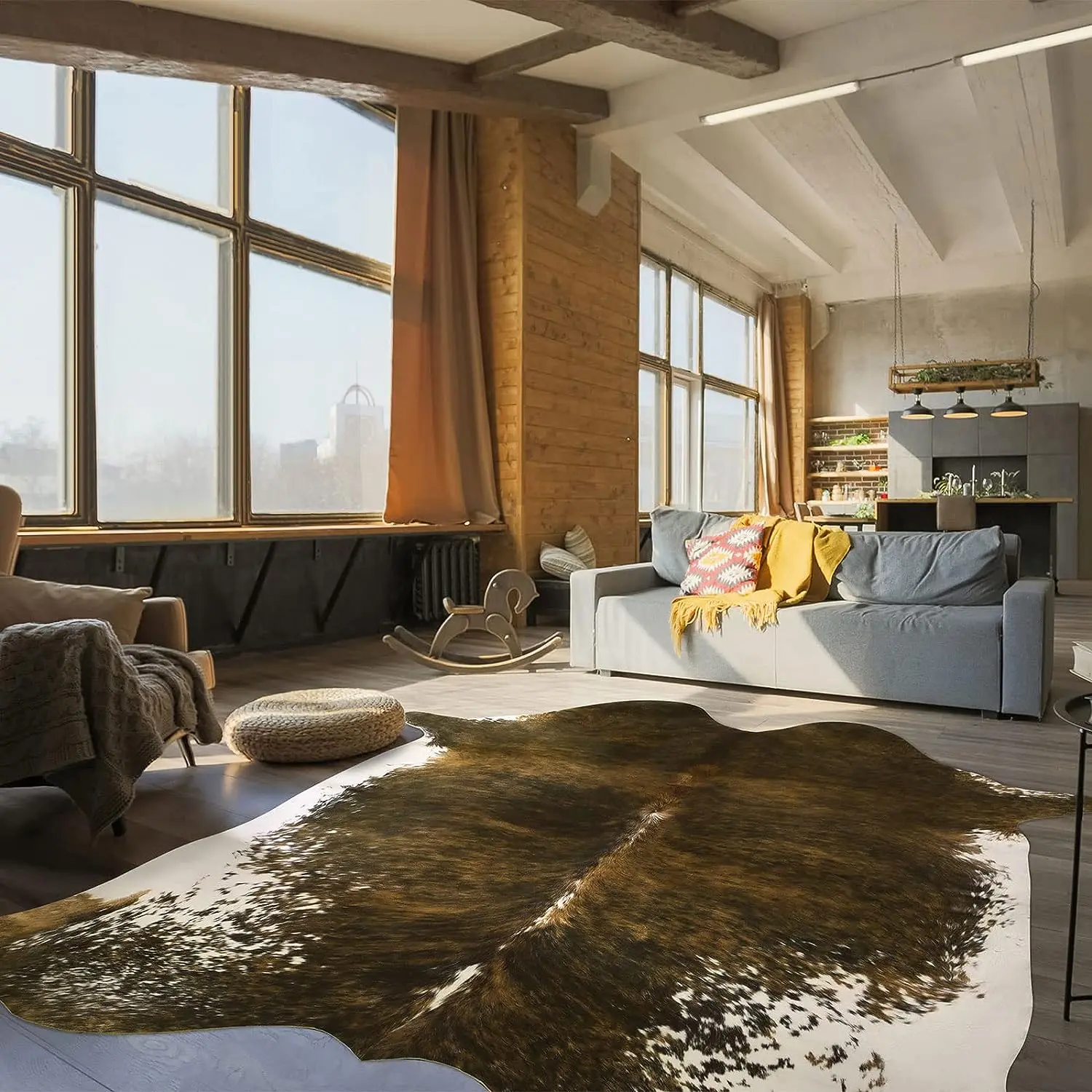 Cow Print Western Farmhouse Faux Cowhide Rug, Premium No-Slip Carpet | 4.6'x5.2'Wall Art & Floor Decor for Living Room Bedroom Dining Area Office