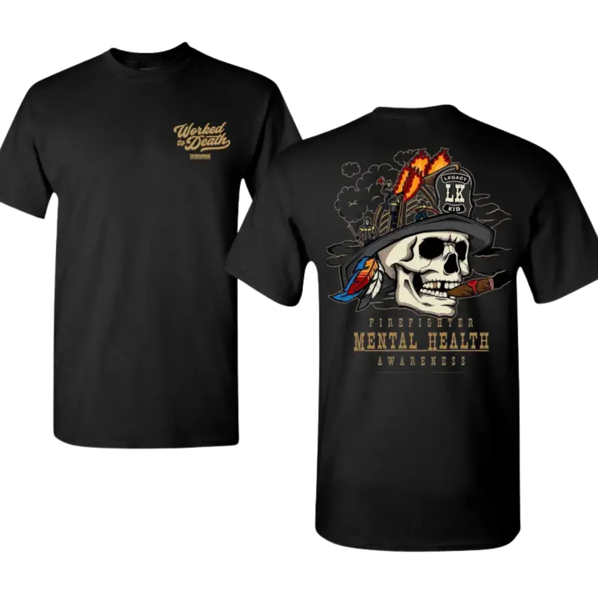 Firefighter Mental Health Awareness Shirt - Worked To Death Graphic Tee| Badass Skull Fireman Apparel| Heavy Cotton Streetwear - Support Our Heroes