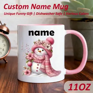 2026  A Personalized Snowman Ceramic Mug with a Name Tag - Pink And White 11-Ounce Coffee Cup, Microwave And Dishwasher Safe, Suitable for Hot/Cold Beverages, Perfect for Birthday/Christmas Gifts (Pink Snowman, Tea/Cocoa Mug)