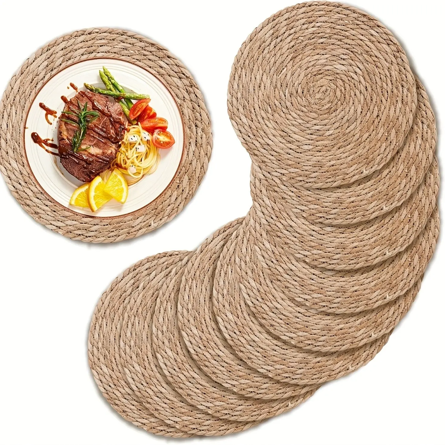 10pcs Round Rattan Placemats, Household Placemat, Non-Slip Washable Vintage Checkered Table Mats, Striped Design, Durable & Easy-Clean for Home Dining, Wedding Decor, Table Pad Mat, Wicker Placemats