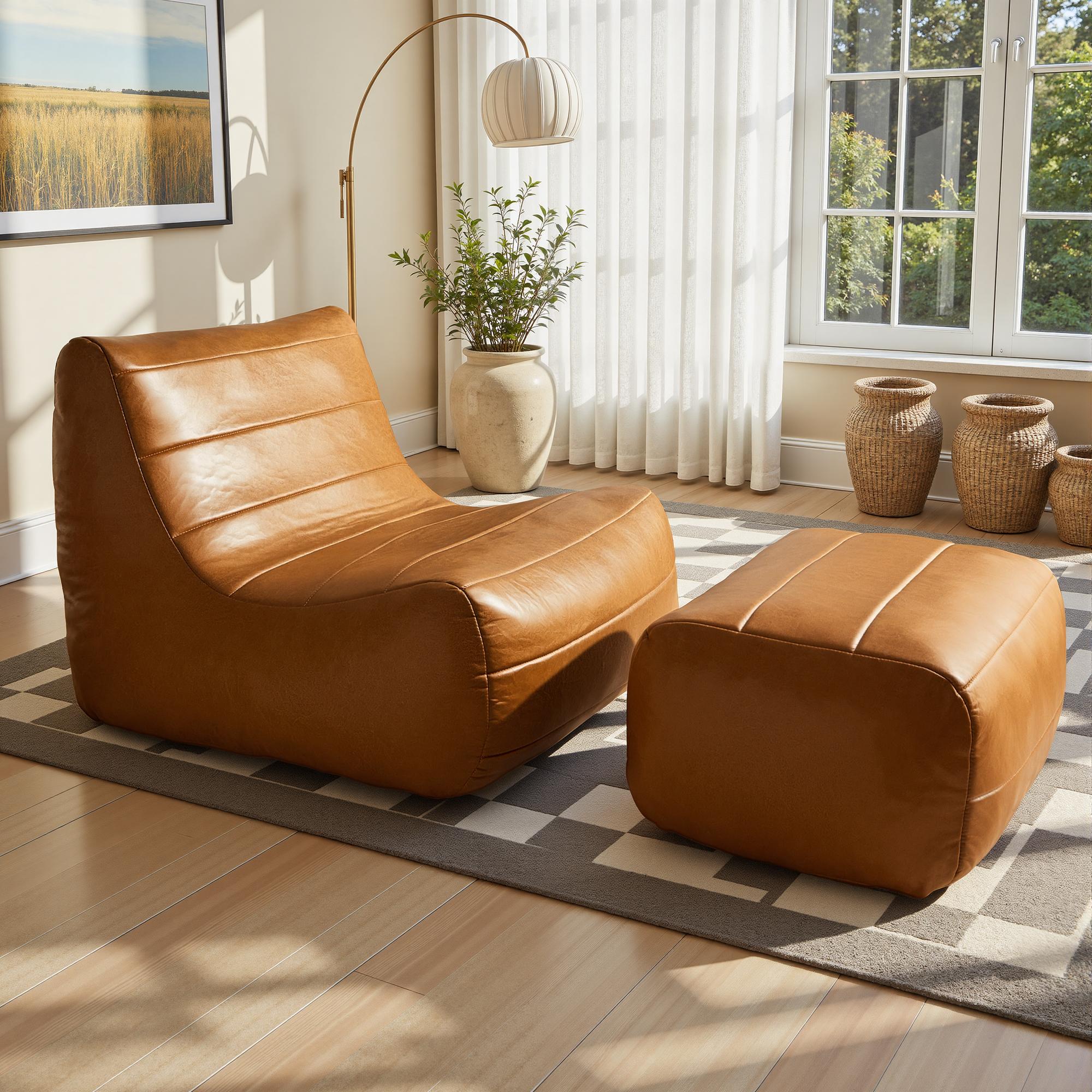 【Spring Sale】Ovios Large 41"  Bean Bag Chair with Ottoman for Adults, Comfy Boneless Lazy Chair Couch with Memory Foam and PU Leather , Plush Corduroy Sofa Bed for Bedroom College Dorm - No Assembly