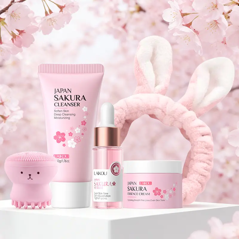 LAIKOU Sakura Skincare Kit - Cleanser, Serum, Moisturizer, Hair Band, Facial Brush - Hydrating Self-Care Beauty Set for Daily Cleansing Needs