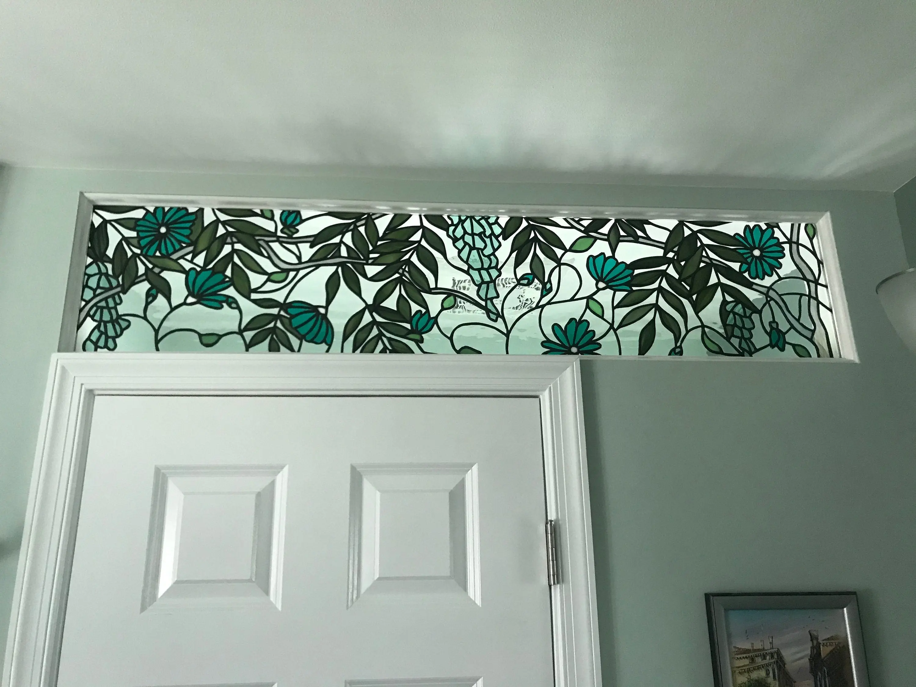 Stained Glass Transom Window - TW-260 Flowers and Leaves in Cold Tones