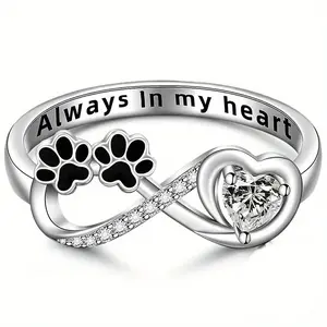 Elegant 925 Sterling Silvery Pet Paw & Wing Ring - Cute Animal Jewelry Gift for Pet Lovers, Cubic Zirconia Accents, Perfect for Casual Attire
