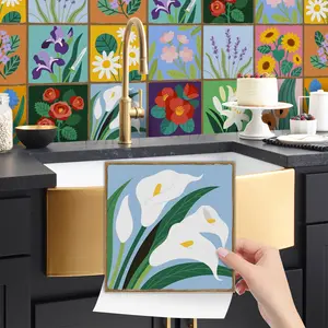 24PCS/Box NHZ Fresh Hand-Drawn Floral Tile Stickers | Crystal Film Peel & Stick DIY Backsplash | Waterproof Oil-Proof for Kitchen/Bathroom/Furniture/Stairs/Wall Renovation