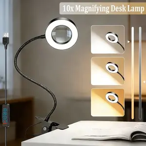10X Magnifying Glass With Light | Led Magnifying Desk Lamp, Adjustable Lights, 3 Color Modes, 10 Dimmable Brightness, Flexible Gooseneck, Metal, Usb Powered, Ideal For Crafts, Sewing, Office, Reading