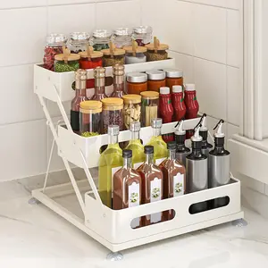 3 Tier Adjustable Spice Rack Organizer for Cabinet - Black Expandable Spice Shelf with Protection Railing for Inside Cabinets, Countertop, Pantry Storage & Seasoning Organization
