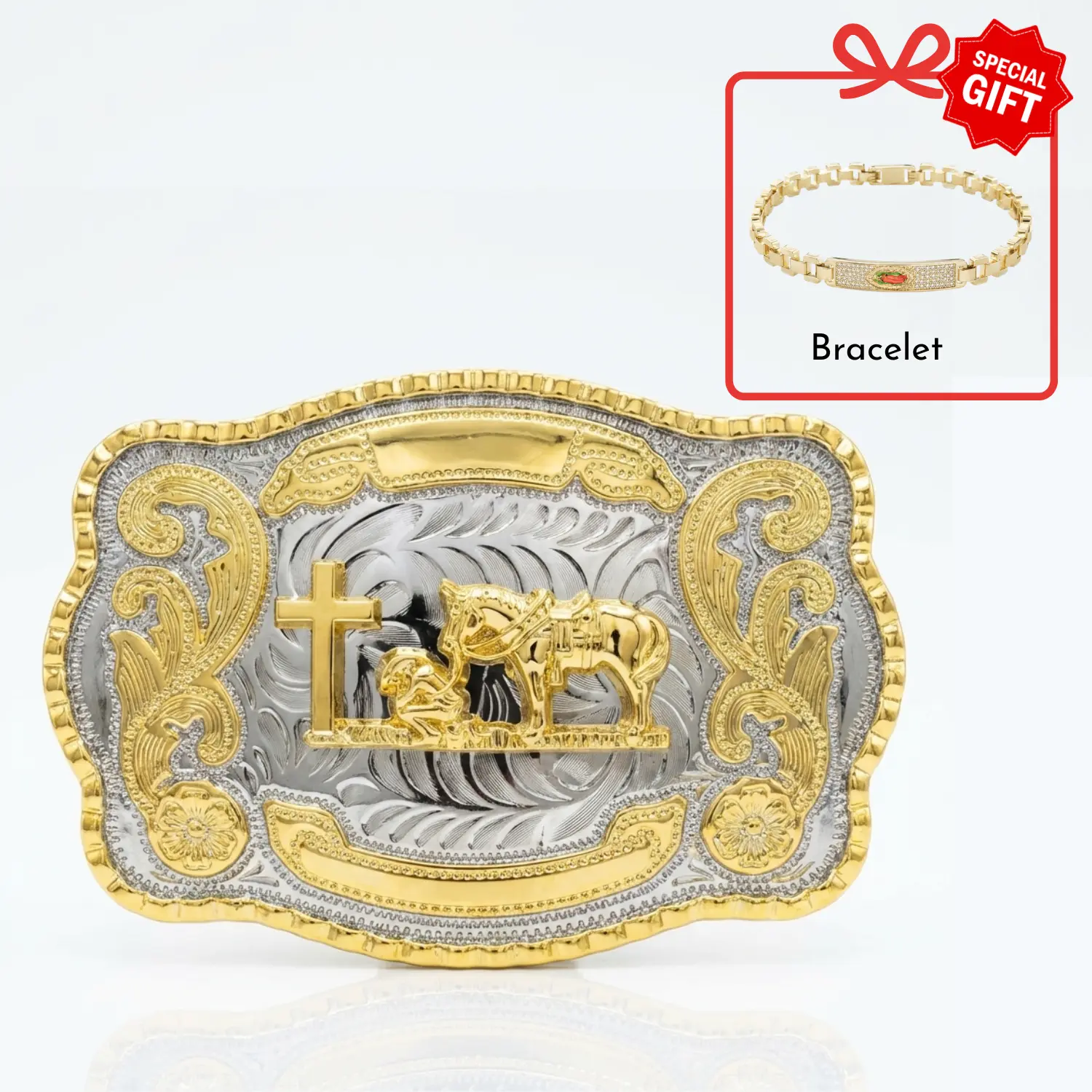 Gold-Tone Praying Cowboy Western Belt Buckle 5.5" x 4" - Hebilla Vaquera Christian Cross - Vintage Gold Silver Rodeo Gift for Men