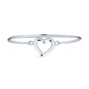 Open Heart Bangle Bracelet, Shiny Polished Hinge, Sterling Silver Stacking Piece