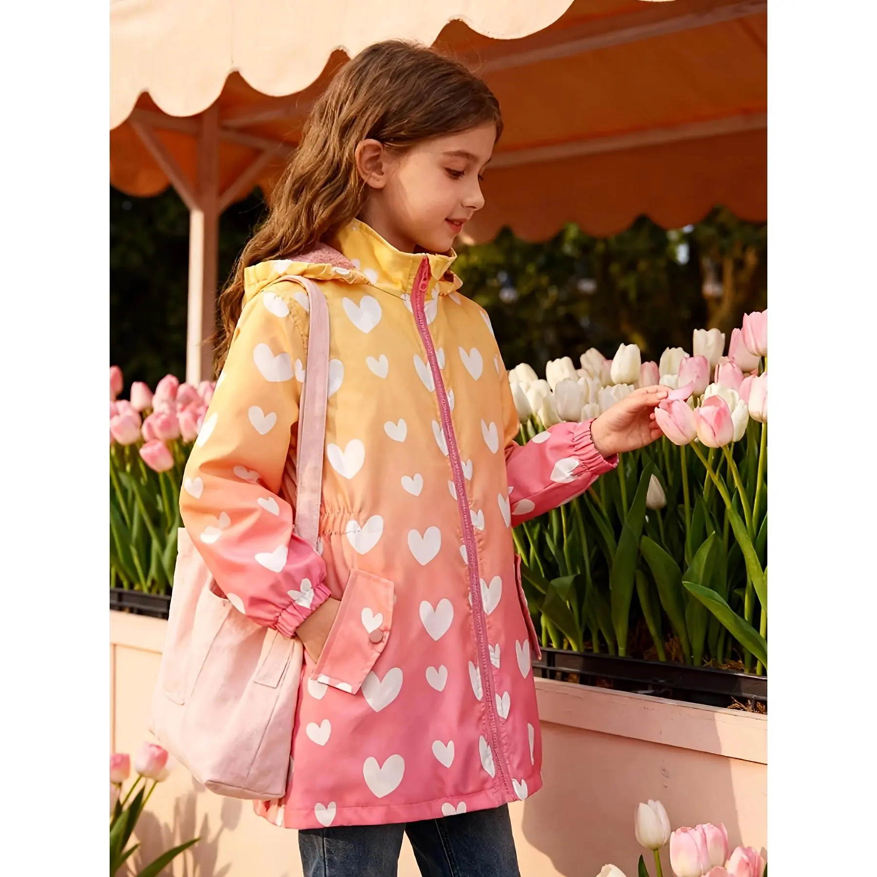Girls' Graphic Fleece-Lined Windproof Coat, Highly Warm Long Sleeve Parka with a Waist-Cinched Fit and High-Low Hem, for Ages 5-14, 13-14Y, 5-6Y