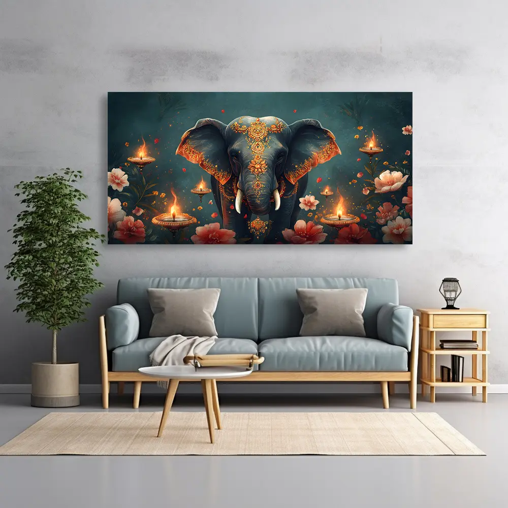 High-Quality Abstract Elephant Canvas Wall Art - Pine Wood Framed Creative Design Digital Print, Animal Decorative Abstract Art Decoration Items for Living Room Bedroom