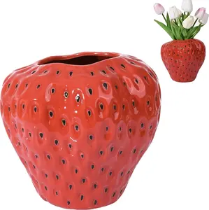 Strawberry Vase, Ceramic Strawberry Vase for  Flowers, Herbs, Decorative Cute Vase Cool Vase for Strawberry Party Home Decor  Plants Gift Centerpiece Colorful Floral Glossy