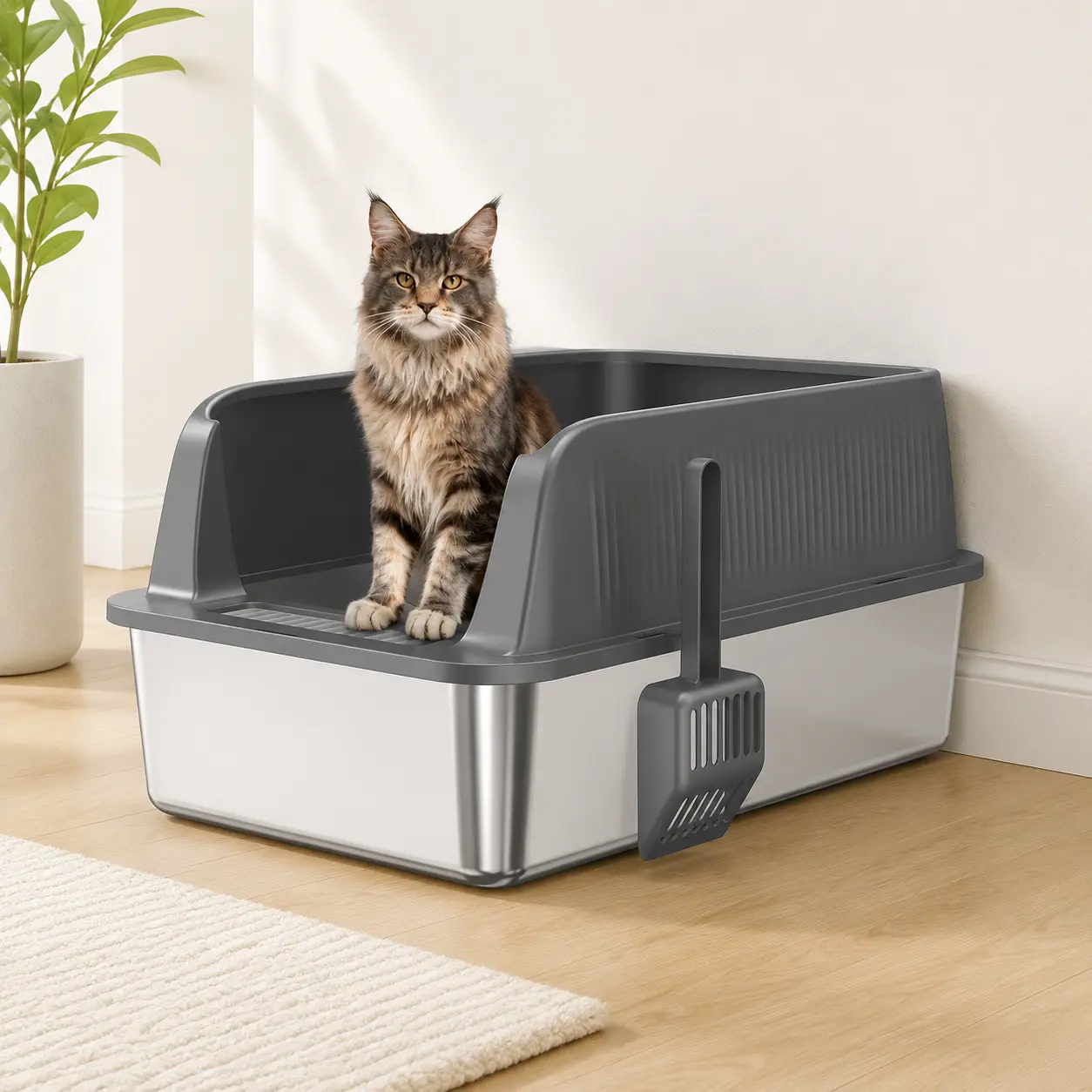 littleox Stainless steel cat litter box Extra large sized metal litter box specially designed for big cats high edge design prevents odors and urine leakage easy to clean includes a matching litter scoop