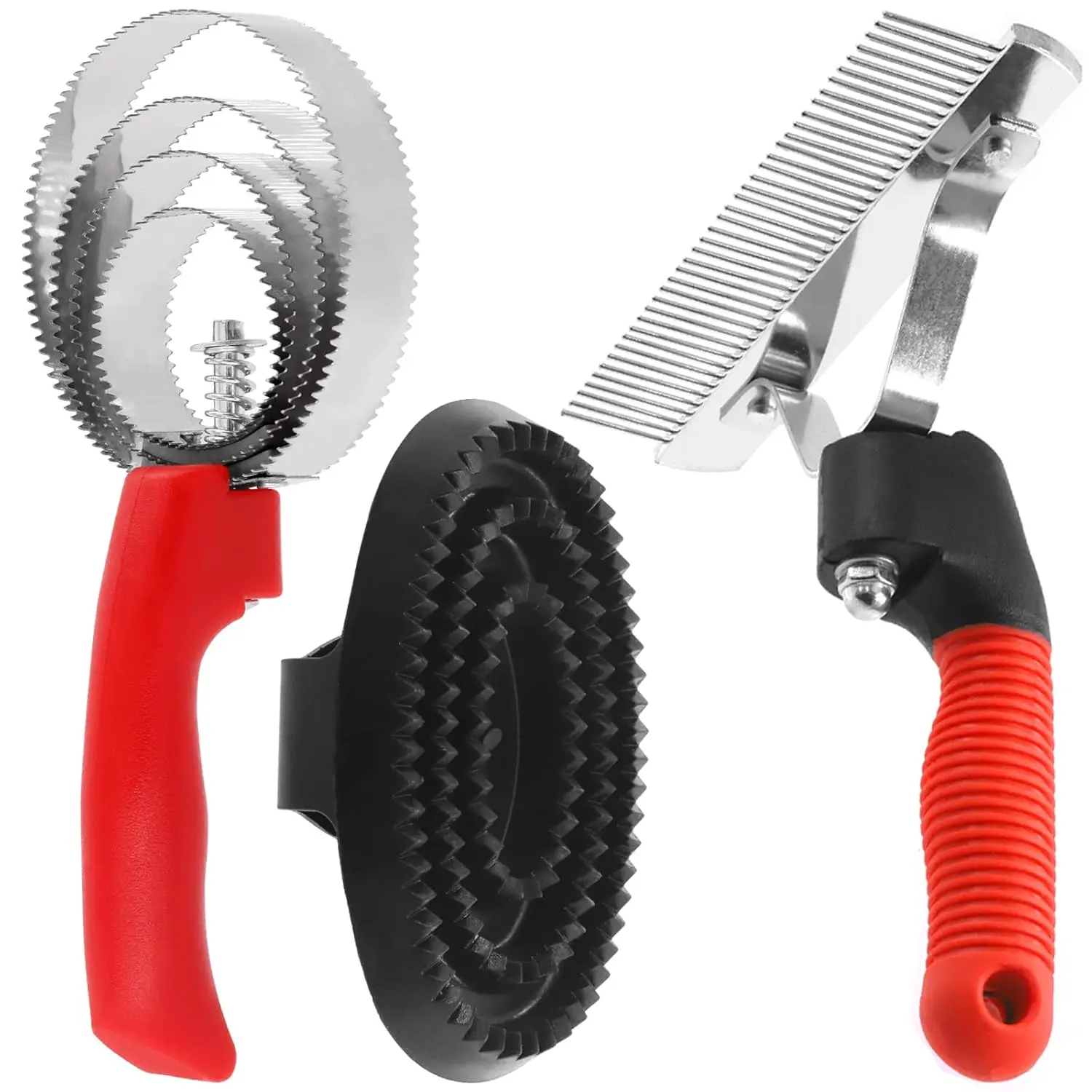 3pcs Reversible Stainless Steel Curry Grooming Set with 4 Rings: Large Rubber Comb, Scotch Type Comb, Metal Brush for Cows, Sheep, Dogs, Goats, Horses