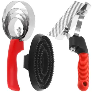3pcs Reversible Stainless Steel Curry Grooming Set with 4 Rings: Large Rubber Comb, Scotch Type Comb, Metal Brush for Cows, Sheep, Dogs, Goats, Horses