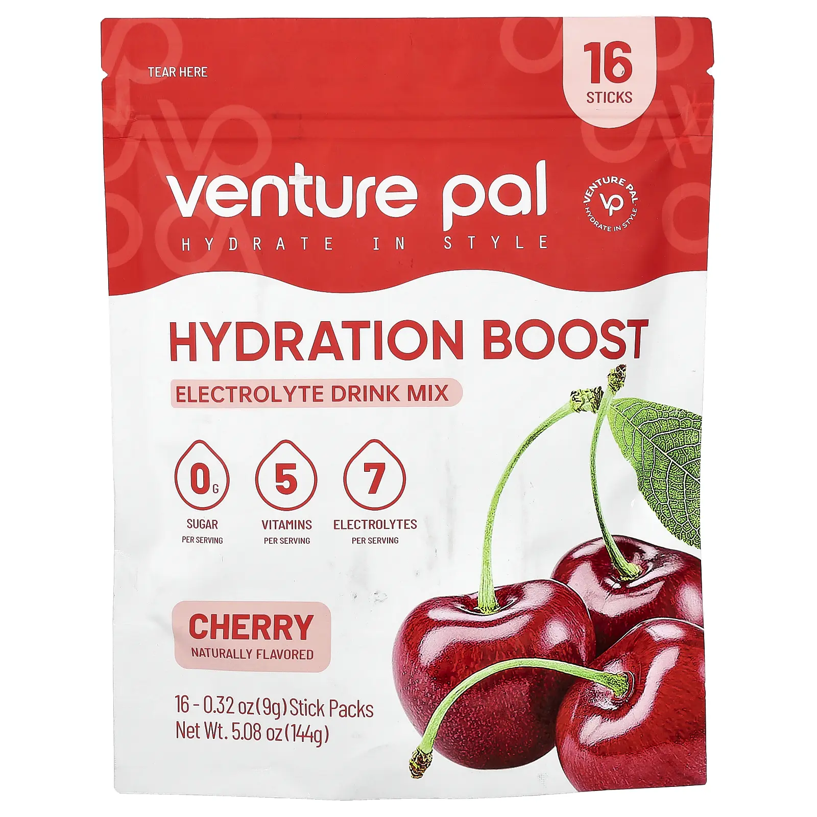 Venture Pal Hydration Boost, Electrolyte Drink Mix, Cherry, 16 Sticks, 0.32 oz (9 g) Each