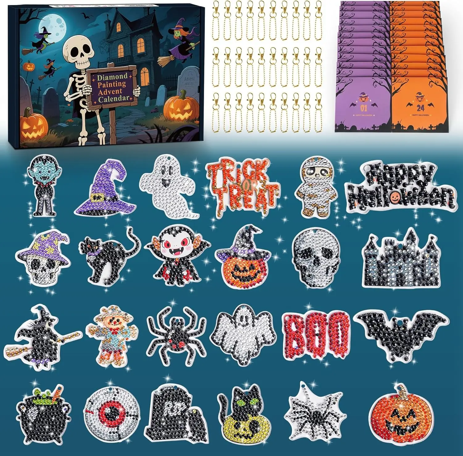 Diamond Painting Advent Calendar 2026 for Girls Kids Halloween Count Down Calendar with 24 pcs Dimond Art Craft Painting Kits Accessories for DIY Gem Keychains Arts and Crafts for Halloween Trick or Treat Stuffers
