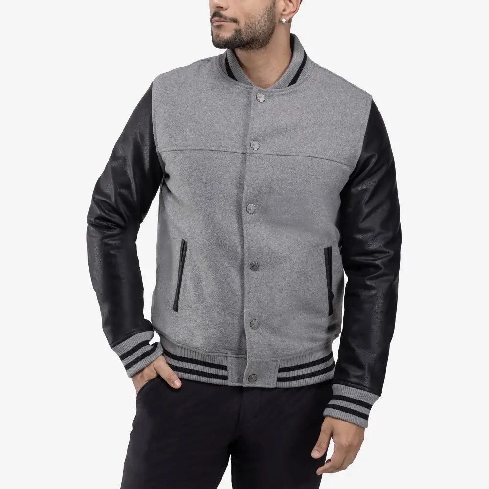 X RAY Men's Wool Varsity Bomber Jacket in GREY/BLACK Size L, Spandex, Fabric