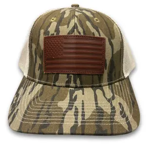 Camo American Flag Leather Patch Trucker Hat | Mossy Oak Style Snapback Cap