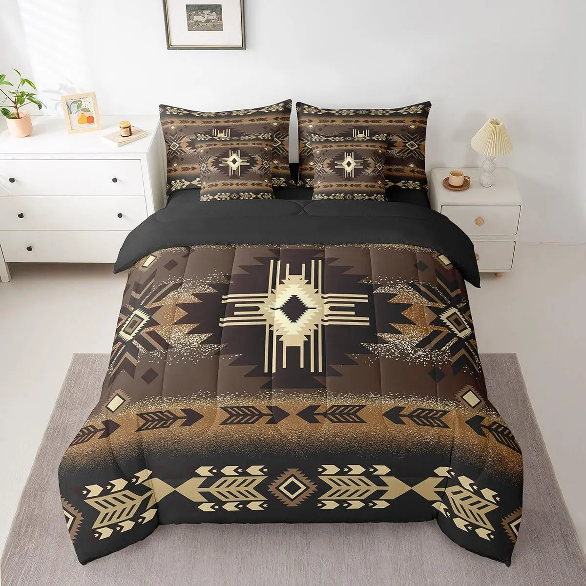 Southwest Native Bed Set Includes Comforter,Sheet Set,Pillowcases & Pillow Covers Southwestern Geometric 7 Piece Bedding Set,Room Decor Western Decor Bed in a Bag,Brown Black Tribal