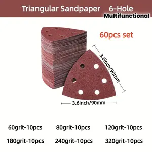 60 Triangle Sanding Pads Set, Mouse Sanding Pad, 6 Hole Abrasives, 60/80/120/180/240/320 Grit, Suitable for Triangular/sanding Machines, Hardware