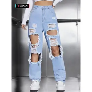 Women's High Waist Ripped Jeans, Fashion Casual Distressed Straight Leg Denim Pants, Destroyed Hole Jeans, Lady Bottoms for Daily Wear StreetwearGift