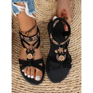 Women's Fashionable Summer Bohemian Trending Sandals, Lightweight Strappy Sandals, Boho Style Black Flat Sandals for Summer Beach Vacation, Versatile Shoes for Women & Girls, Footwear, Casual Trendy SandalsFFMotionMode