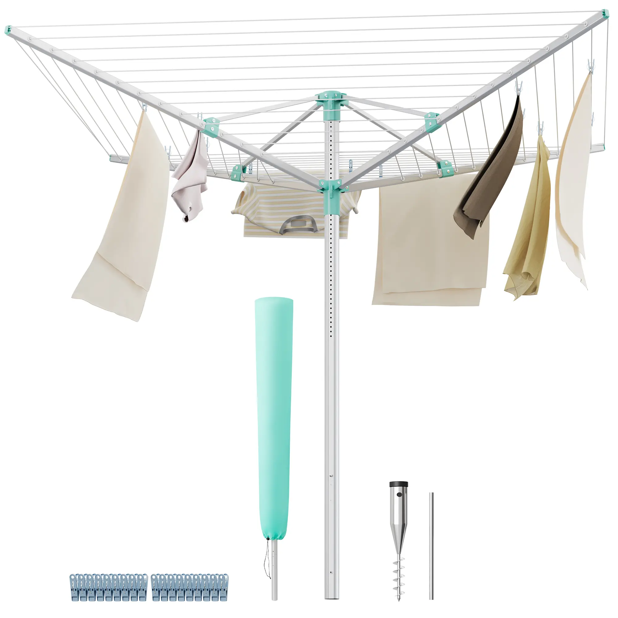 SONGMICS Steel Functional Outdoor Dryer Umbrella Drying Rack, Retractable, Height-Adjustable, 197 ft Long Clothesline, Holds 6 Laundry Loads, with Ground Spike & Cover, for Garden Users