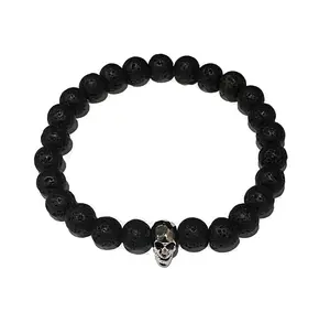 Silver Skull - Lava Rock Beads Bracelet