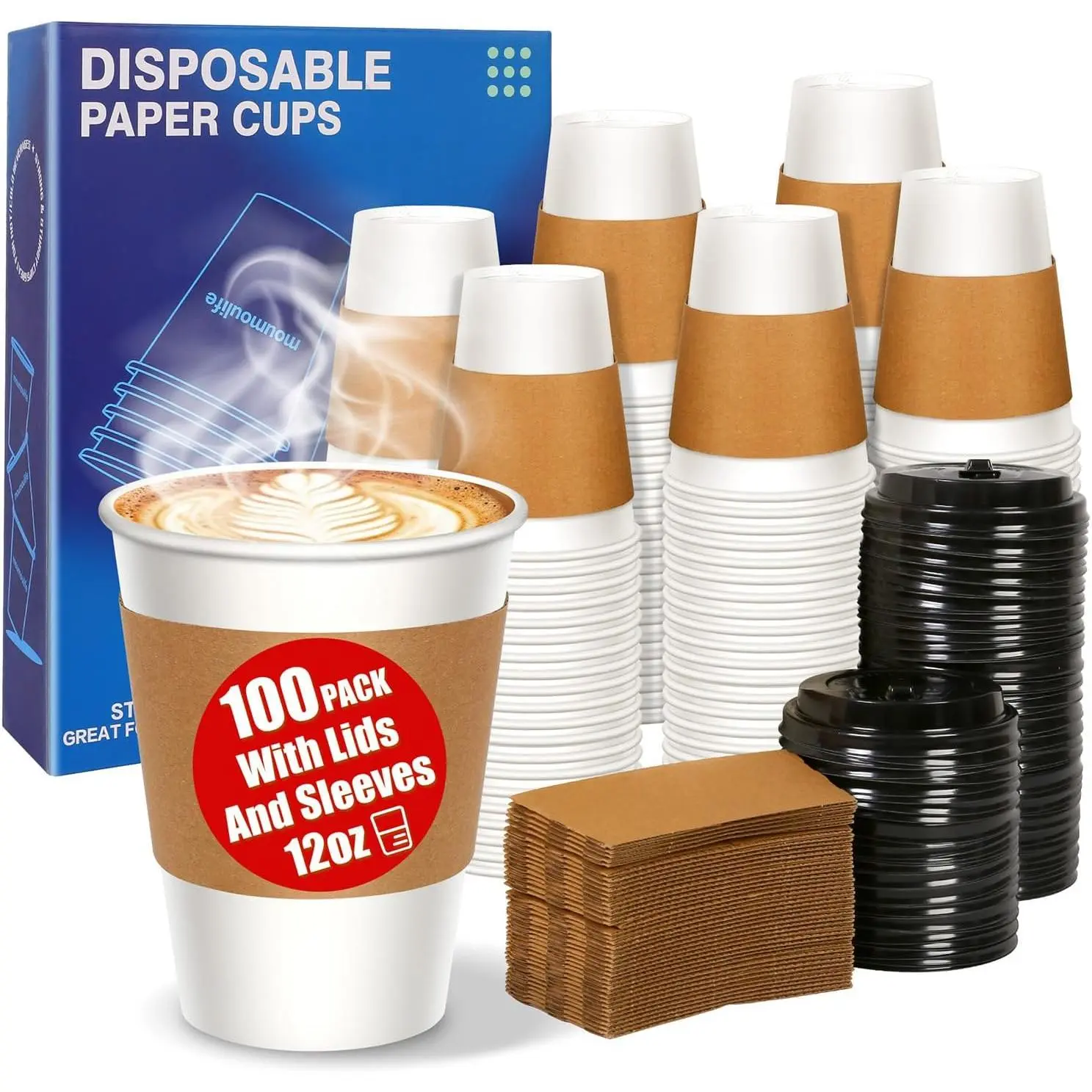 12 oz Paper Coffee Cups with Lids and Sleeves 100 Pack, Sturdy Leak-Proof  Design for Hot Drinks, Disposable Coffee Cups for Office, Parties, and  Travel - TikTok Shop