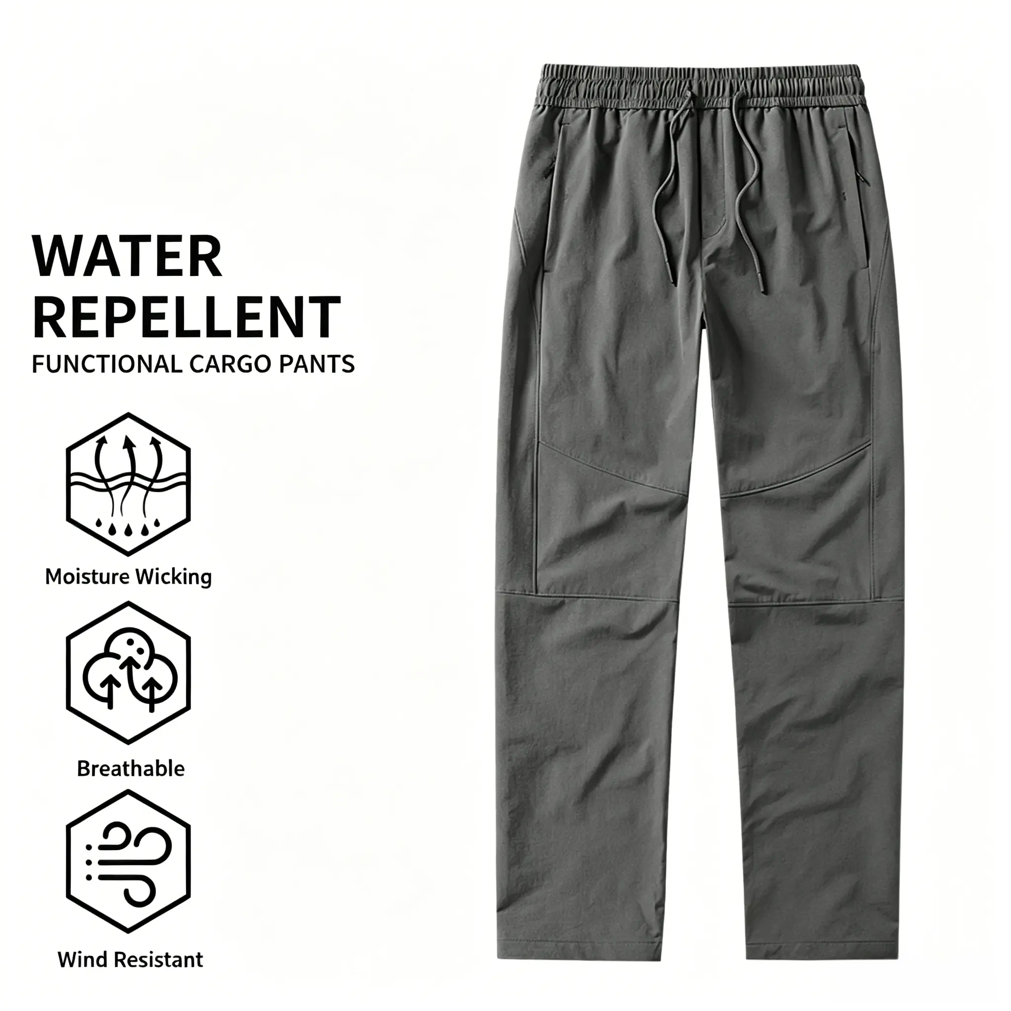 Men’s waterproof, windproof cargo pants with zippered pockets and elastic drawstring; breathable, moisture-wicking, straight-leg quick-dry outdoor pants