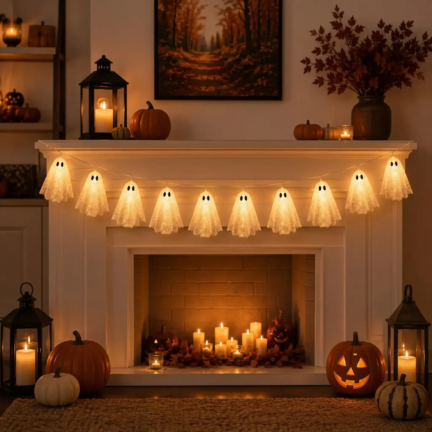 Cute LED Ghost Garland Halloween String Lights, Spooky Hanging Lights for Fireplace Mantel & Indoor Party Decor, Lightweight Outdoor Gift Pack