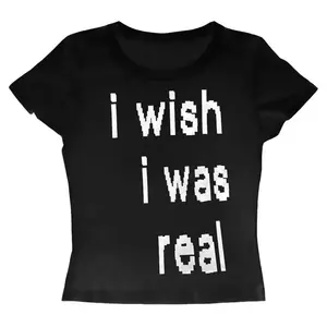I Wish I Was Real Pixel Baby Tee Y2K Retro Gaming Graphic Slim Fit Aesthetic T-Shirt