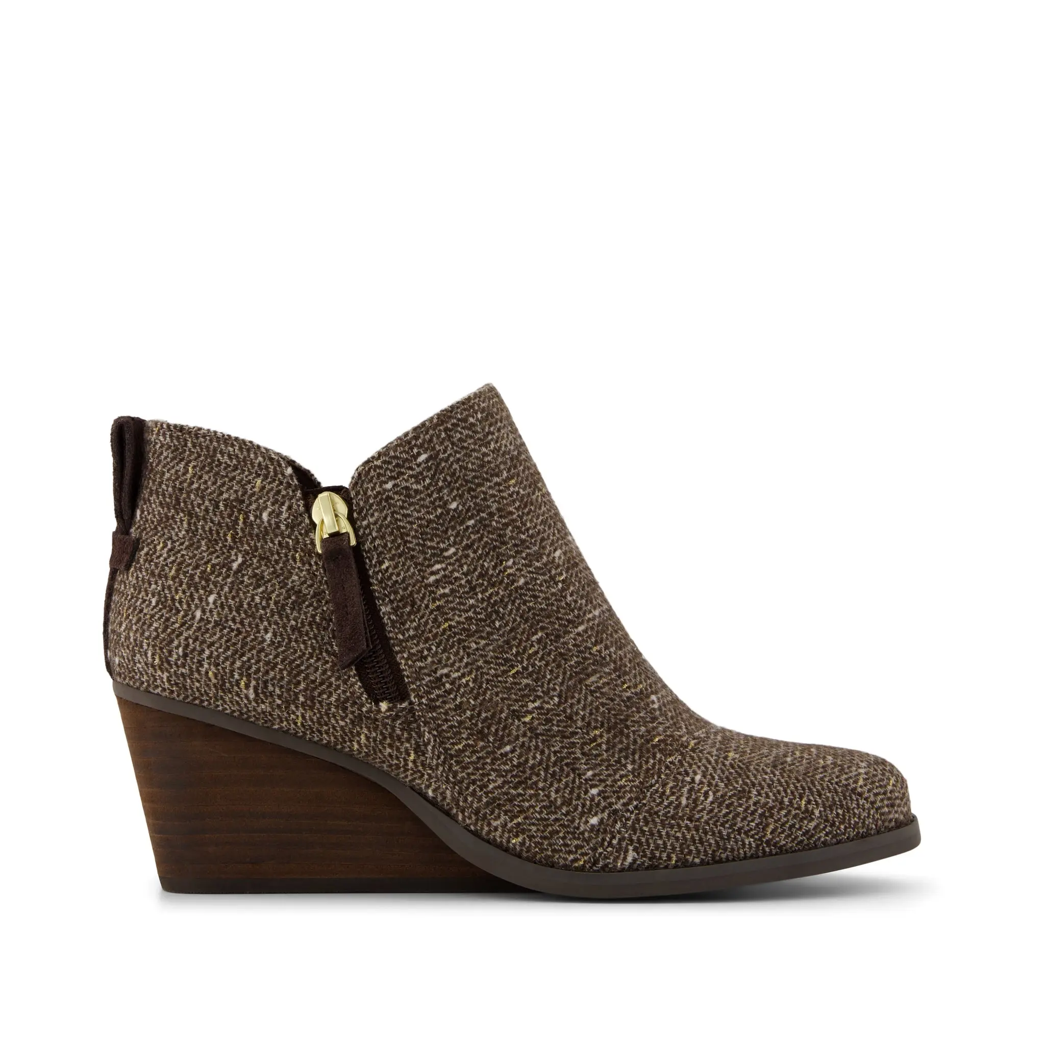 Womens Goldie Wedge Ankle Bootie Metallic Twill Chocolate Brown