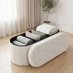 Folding Storage Ottoman Bench, Oval Round Ottoman End of Bed Foot Rest Bench Stool with Cushion, Storage Chest for Bedroom, Living Room, Entryway