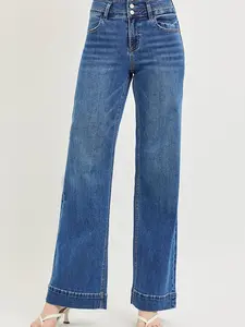 RISEN High Rise Wide Leg Wide Band Detail Jeans
