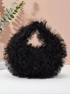 Women's Street Trend Plush Half Moon Bag, Trendy Fuzzy Handbag, Chic Soft Shoulder Bag for Fall & Winter, Cute Bag for Women & Girls
