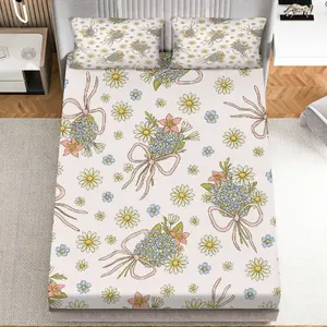 3Pcs Floral Bouquet Pastel Spring Fitted Sheet Three Piece Set (1*Fitted Sheet+2*Pillowcases, Coreless), Spring theme, Flowers Bedding Set, Mattress protector Soft, Breathable