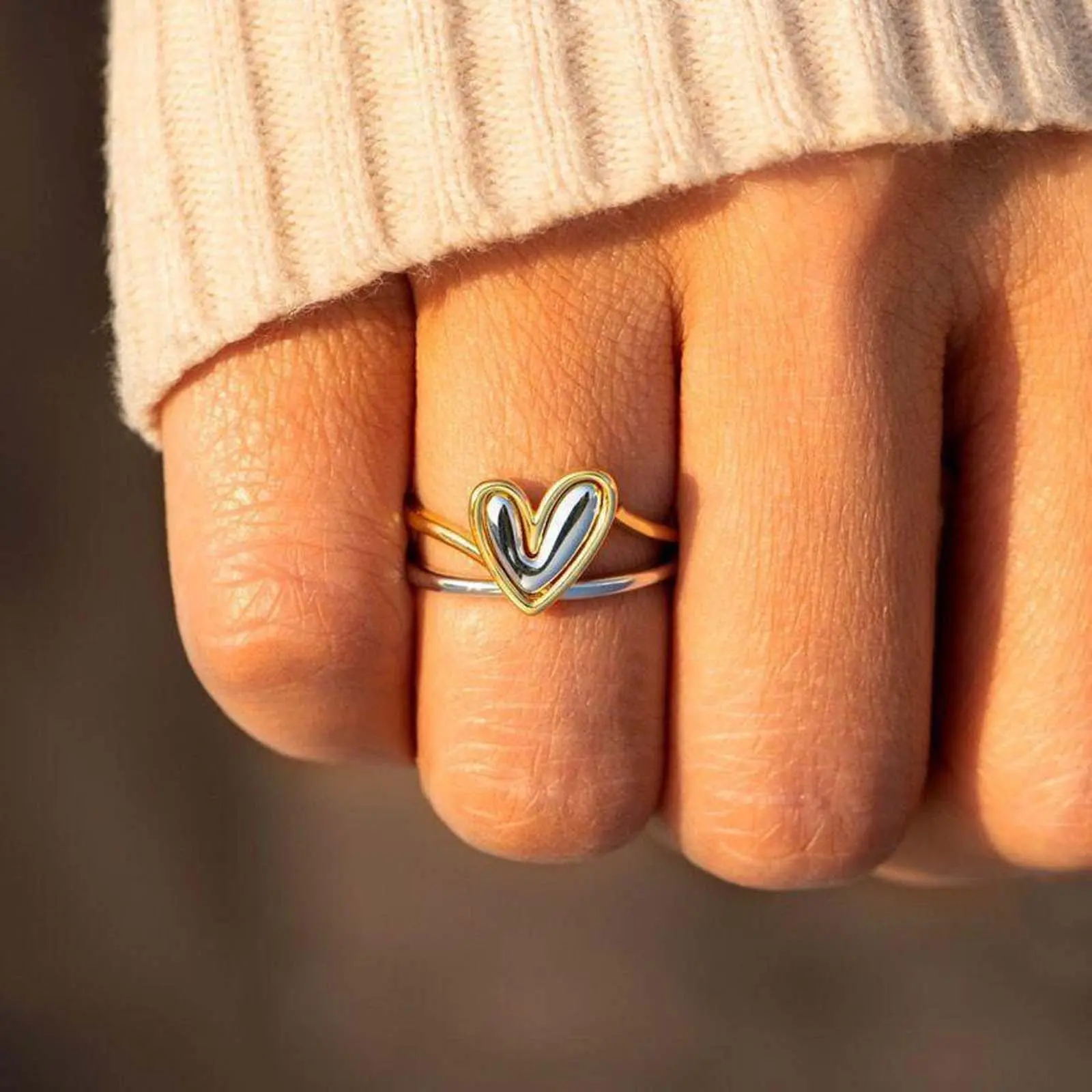 Women's Hollow Heart Shaped Artificial Gemstone Ring Set - 1-Pair Open Stackable Goldtone-Silver Adjustable Minimalist Daily Jewelry, Heart Shaped Ring, Goldtone Ring