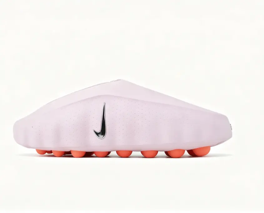 light pink thick sole massage slides orange spherical bump outsole breathable fabric upper pre game recovery tech mules
