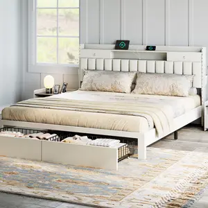 TryLazy Bed Frame with 4 Drawer and 2 USB & 1 Type-C Charging Ports, No Mattress, Upholstered Platform Bed Frame with Storage Headboard Bed Frame,No Box Spring Needed Required Easy Assembly,Full/Queen/King