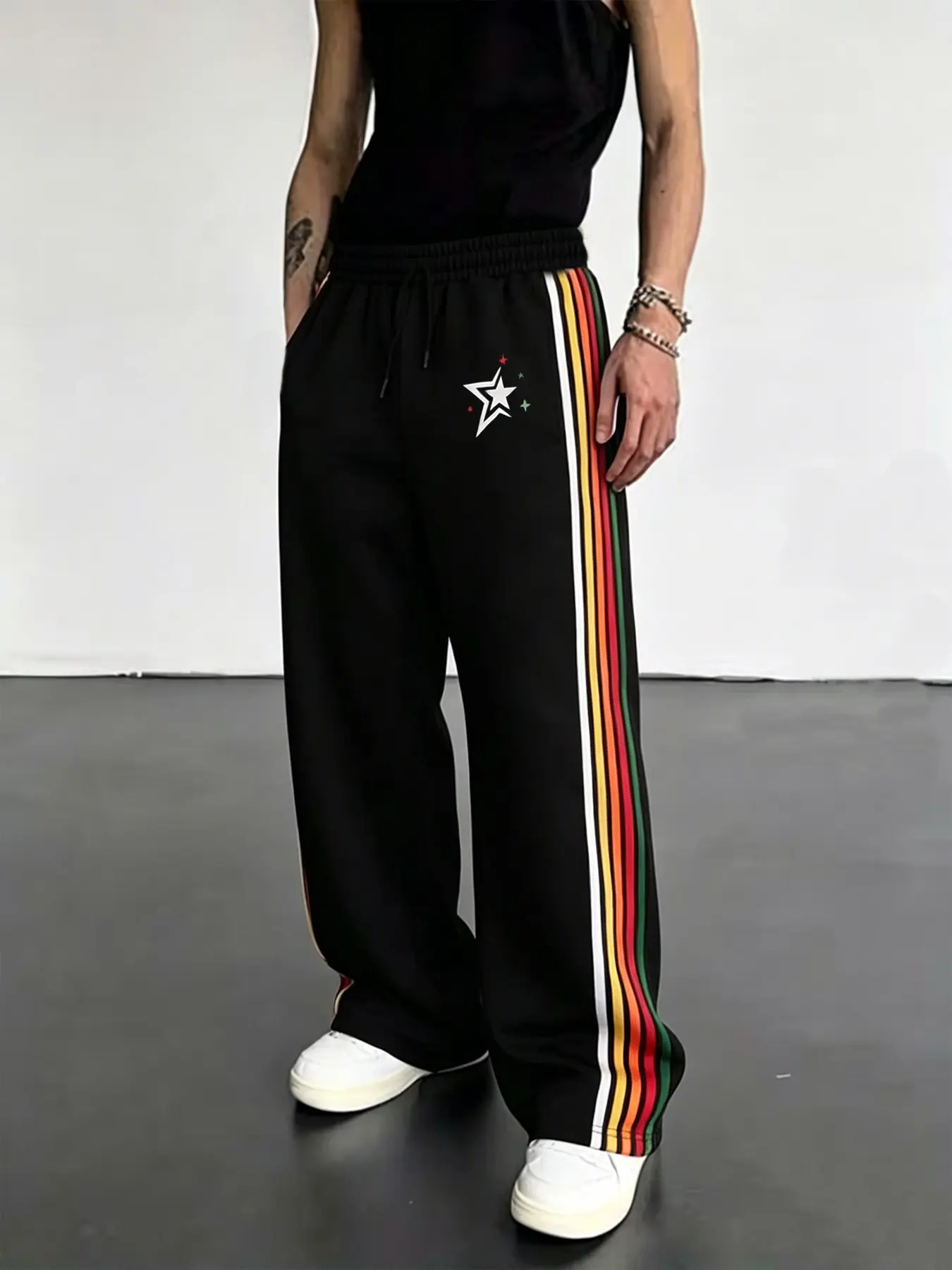 Unisex Rainbow Stripe Star Print Wide Leg Sweatpants, American High Street Loose Fit Sporty Long Pants, Retro Side Stripes Trendy Casual Trousers