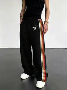 Unisex Rainbow Stripe Star Print Wide Leg Sweatpants, American High Street Loose Fit Sporty Long Pants, Retro Side Stripes Trendy Casual Trousers