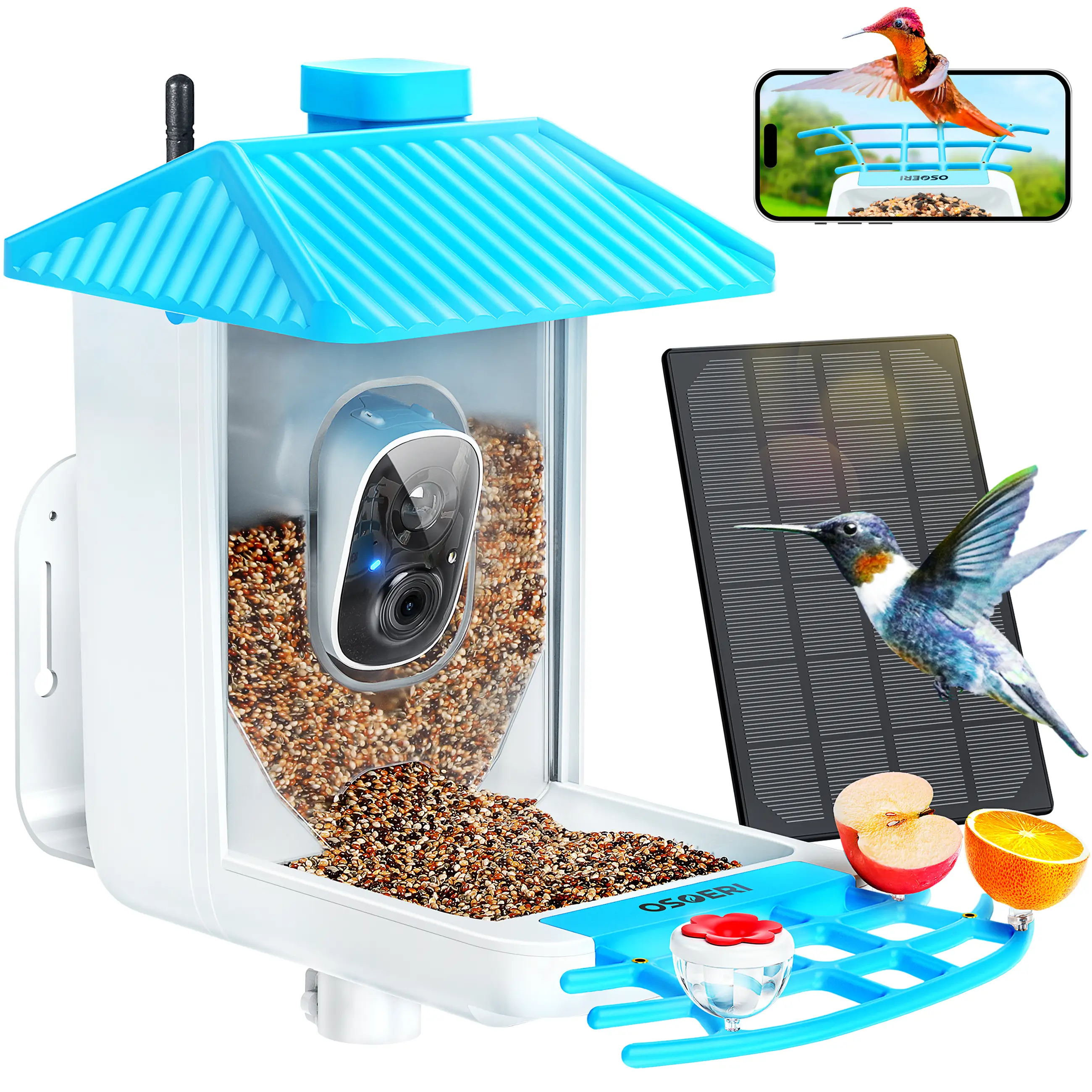 Osoeri Bird Feeder with Camera, Smart Bird Feeder Camera with AI Identify, Metal Bird Feeder with Suet Cage & Fruit Fork, Auto Capture Bird Videos & M